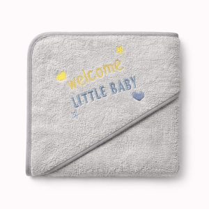 Grey Baby Bath Towel – Soft Cotton | Little Baby Embroidery
