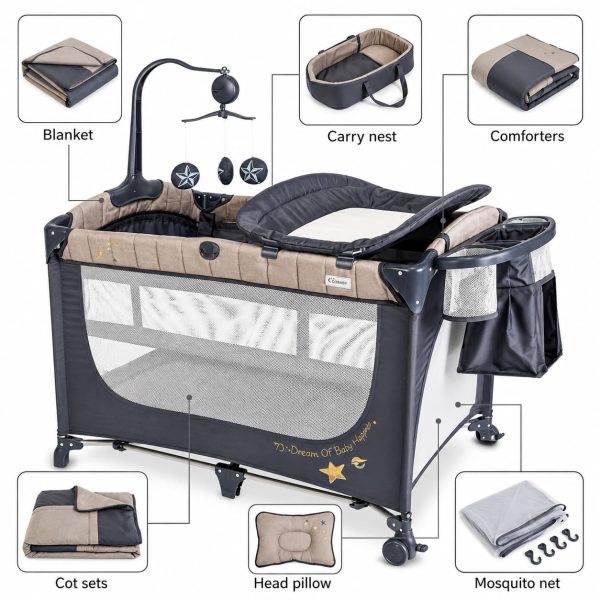 ALL-IN-ONE BABY PLAY PEN, BABY COT– GREY