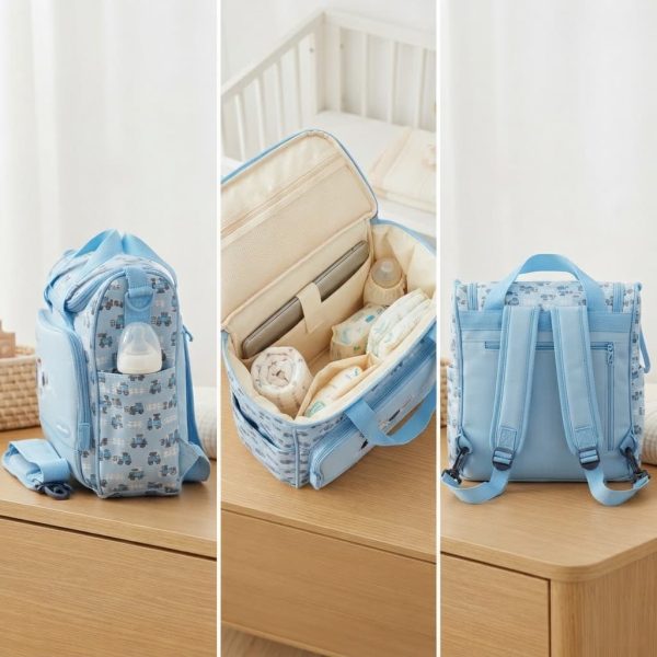 Blue Train-Themed Travel Diaper Bag (3 Piece)